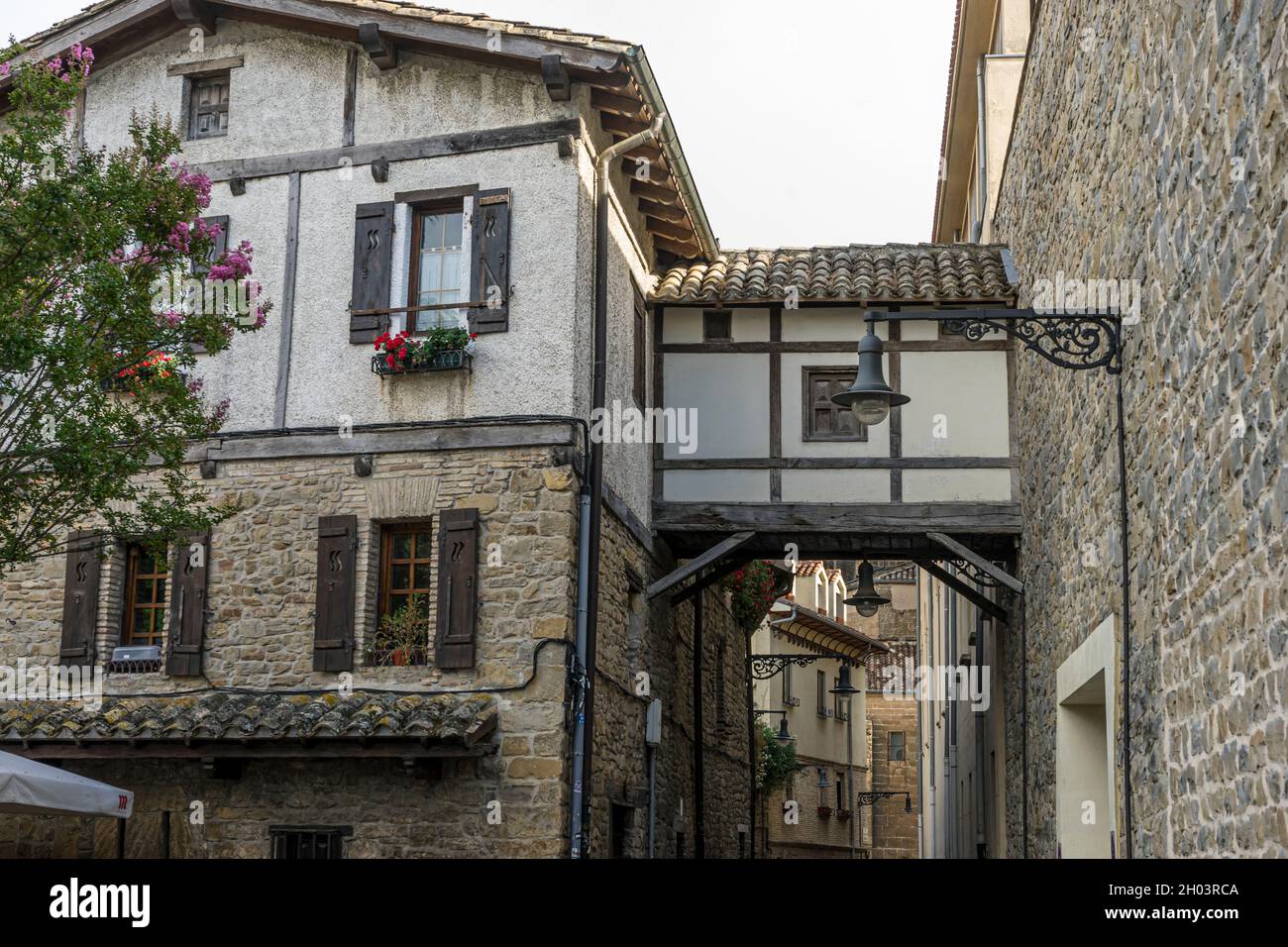 Facade of a medieval building in the center of Pamplona, medieval stone streets, typical and tourist alley of the city. Navarra Spain Stock Photo