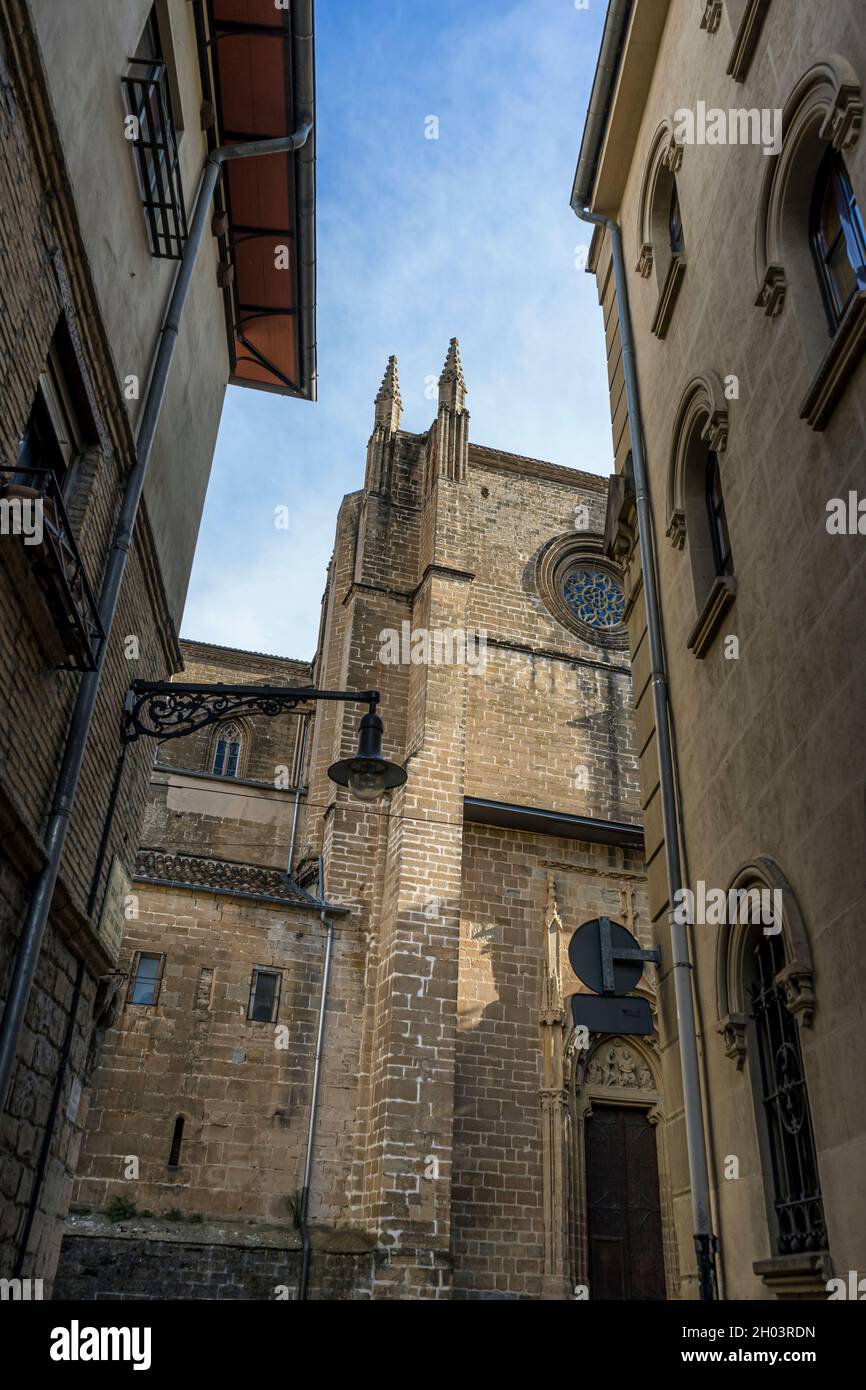 Facade of a medieval building in the center of Pamplona, medieval stone streets, typical and tourist alley of the city. Navarra Spain Stock Photo