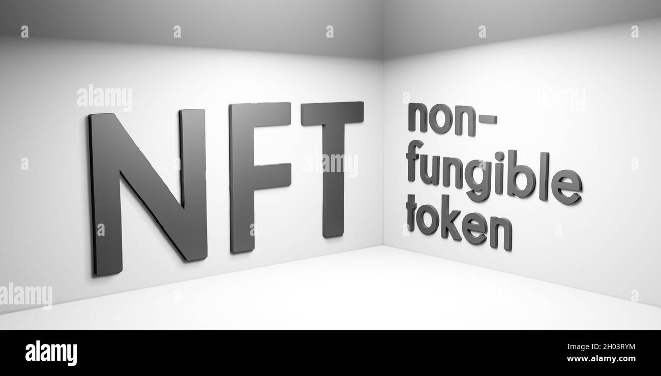 NFT (non-fungible token) word and letters in black and white colour, conceptual 3D illustration with lighting and shadows on virtual studio room walls Stock Photo