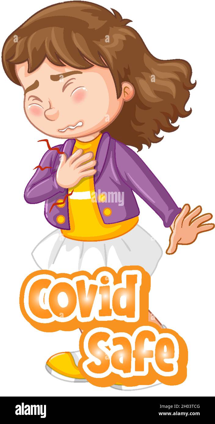 Covid Safe font with a girl feel sick character isolated on white ...