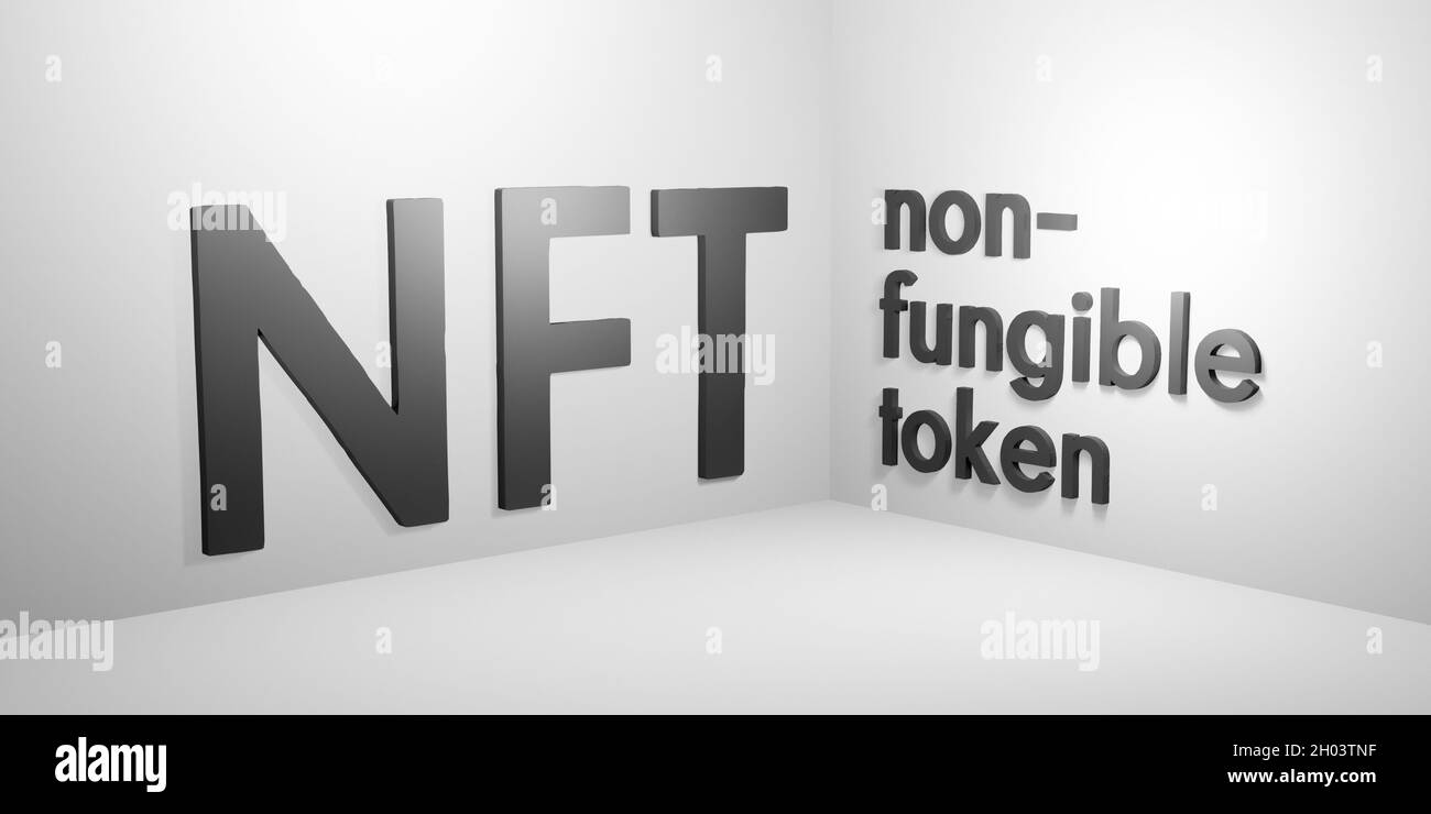 NFT (non-fungible token) word and letters in black and white colour, conceptual 3D illustration with lighting and shadows on virtual studio room walls Stock Photo