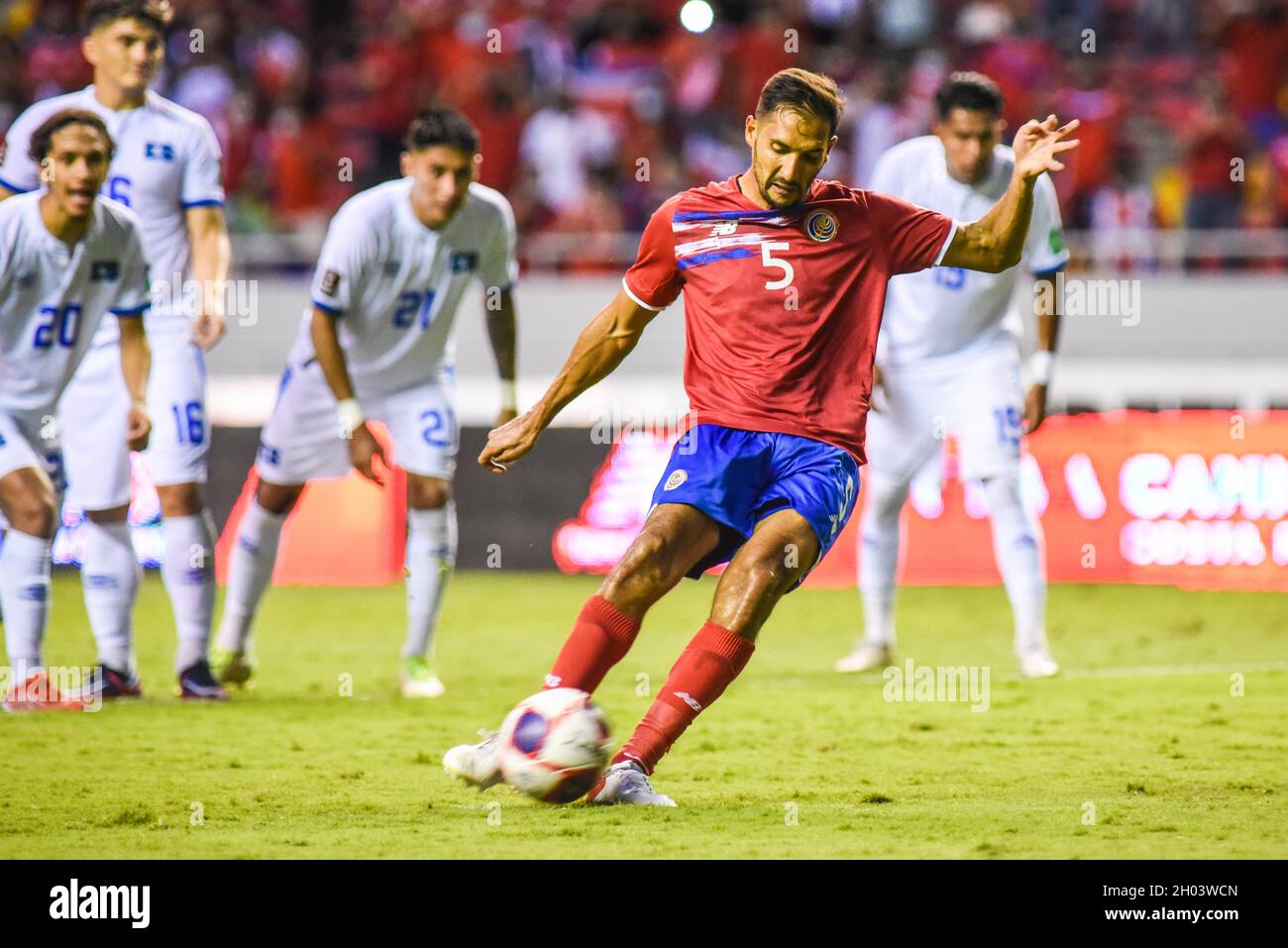 SAN JOSE, Costa Rica: Celso Borges scores the second goal for Costa Rica during the 2-1 Costa Rica victory over El Salvador in the Concacaf FIFA World Stock Photo