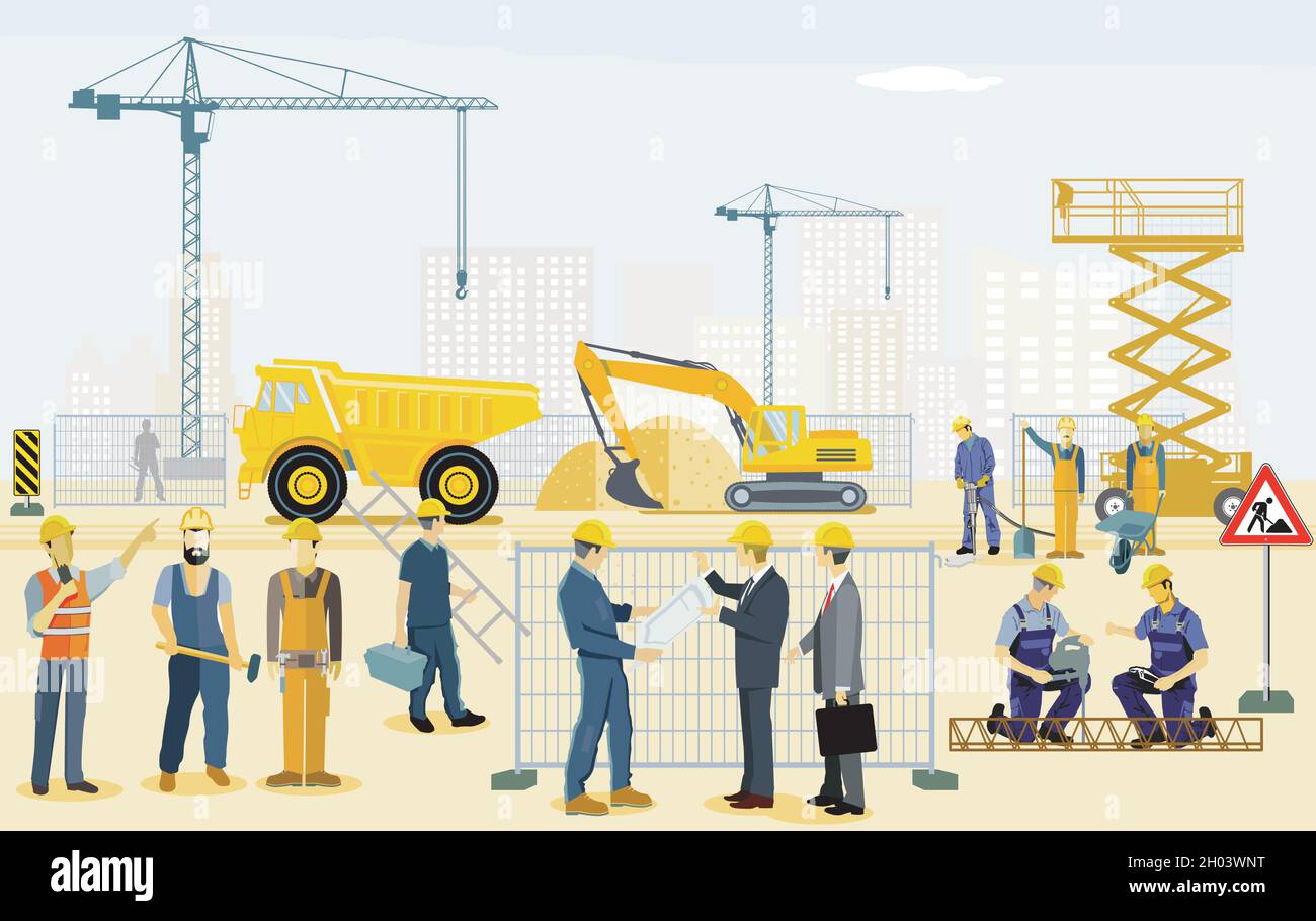 Construction site with excavator, handyman and architect illustration Stock Vector