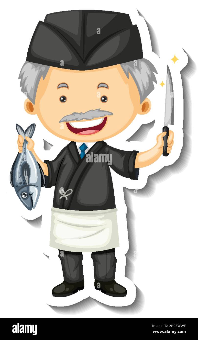 Sticker template with a chef man holds fish and knife isolated illustration Stock Vector Image