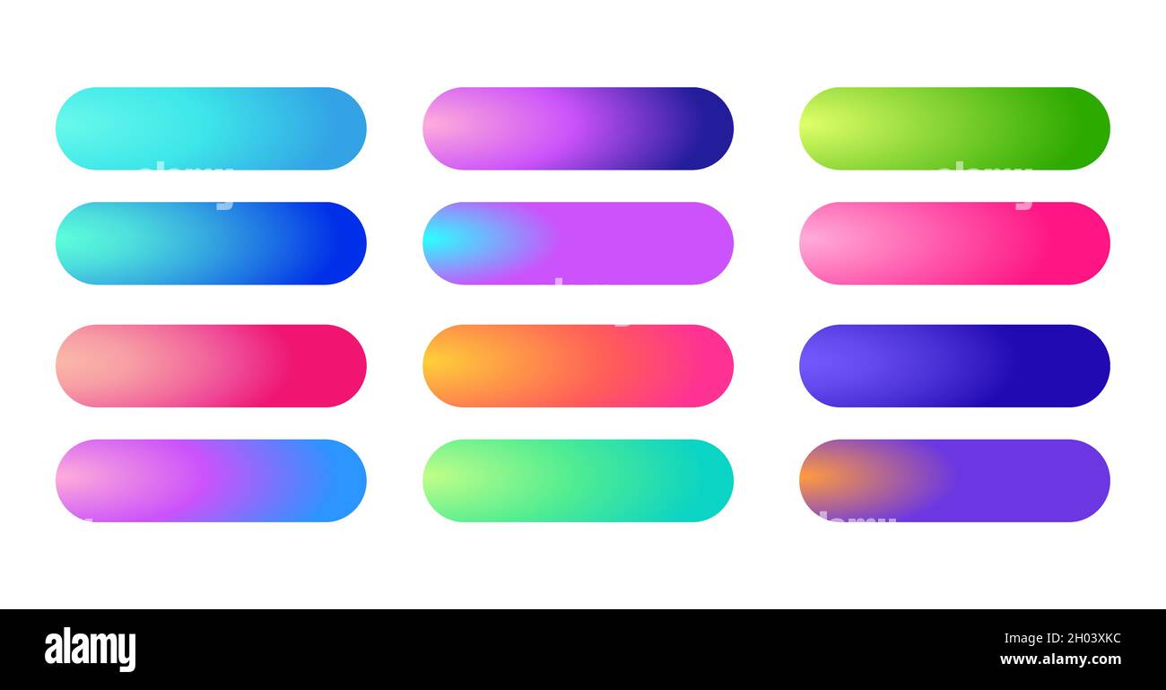 holographic gradients set, bars buttons. Multicolor green purple yellow orange pink red violet cyan blue fluid geometric gradients, colorful soft volu Stock Vector