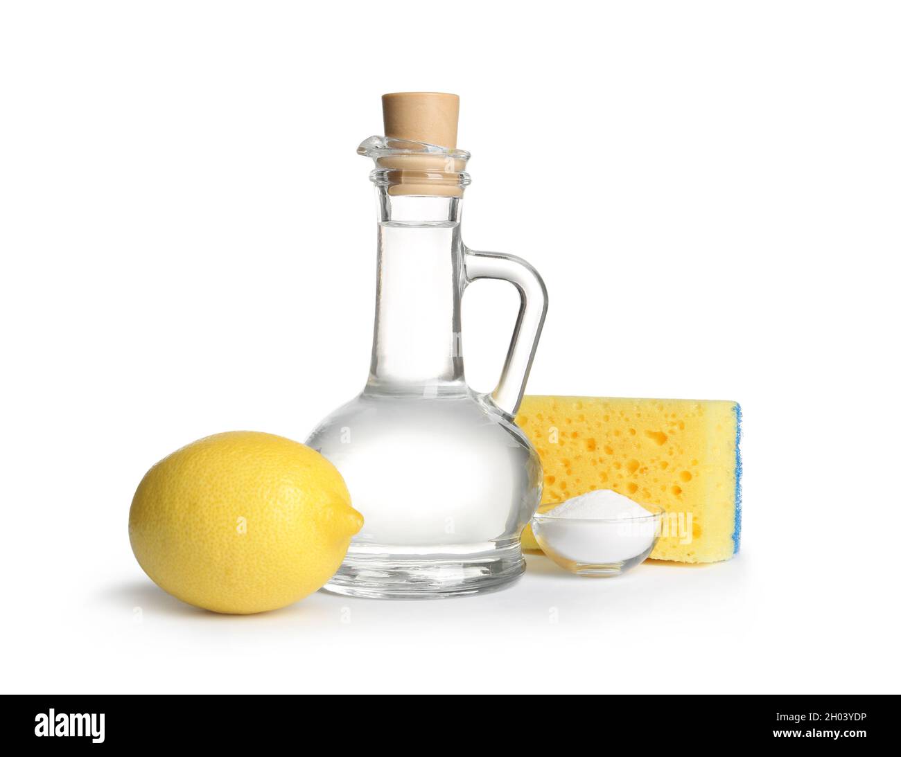 Composition with vinegar, lemon and baking soda on white background