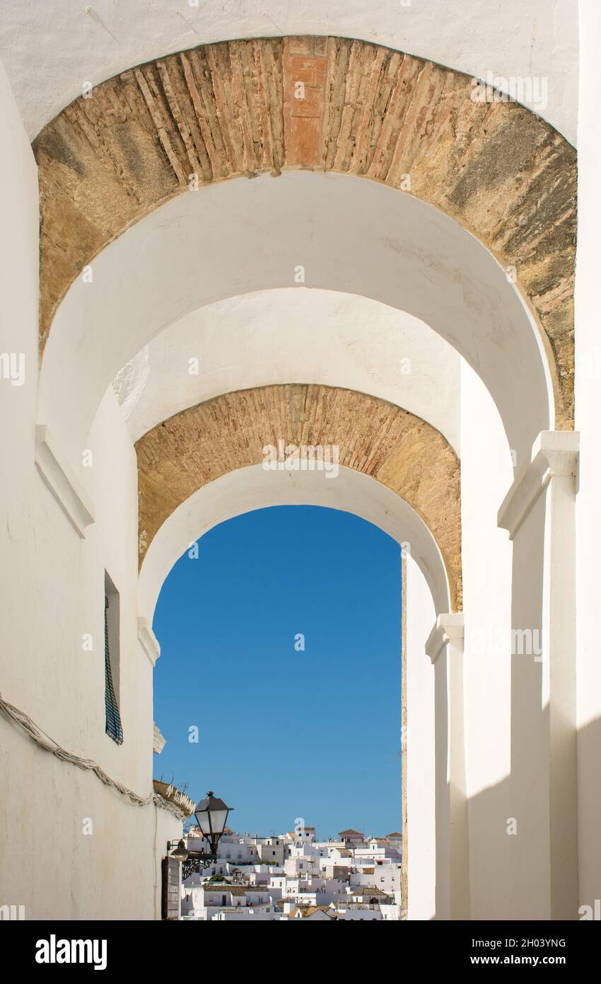 Beautiful arches in the Jewish quarter of Vejer de la Frontera. Cadiz, Andalusia, Spain Stock Photo
