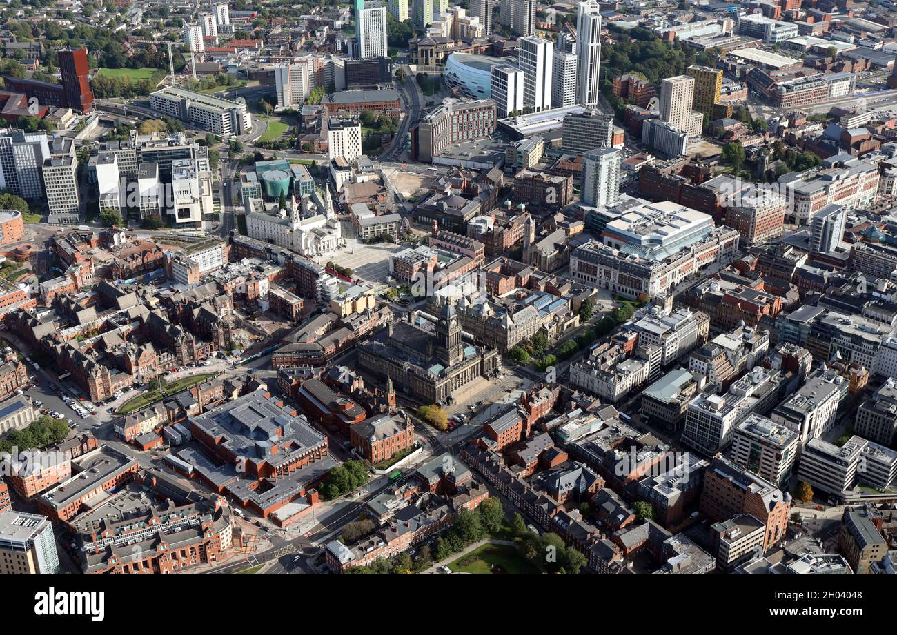 aerial view of Leeds city centre from the south west with the Town Hall prominent mid-centre Stock Photo