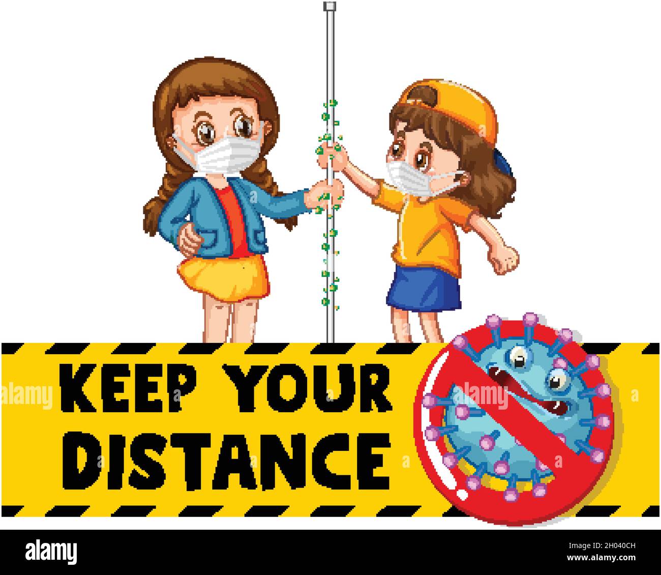Keep Your Distance font in cartoon style with two kids do not keep ...