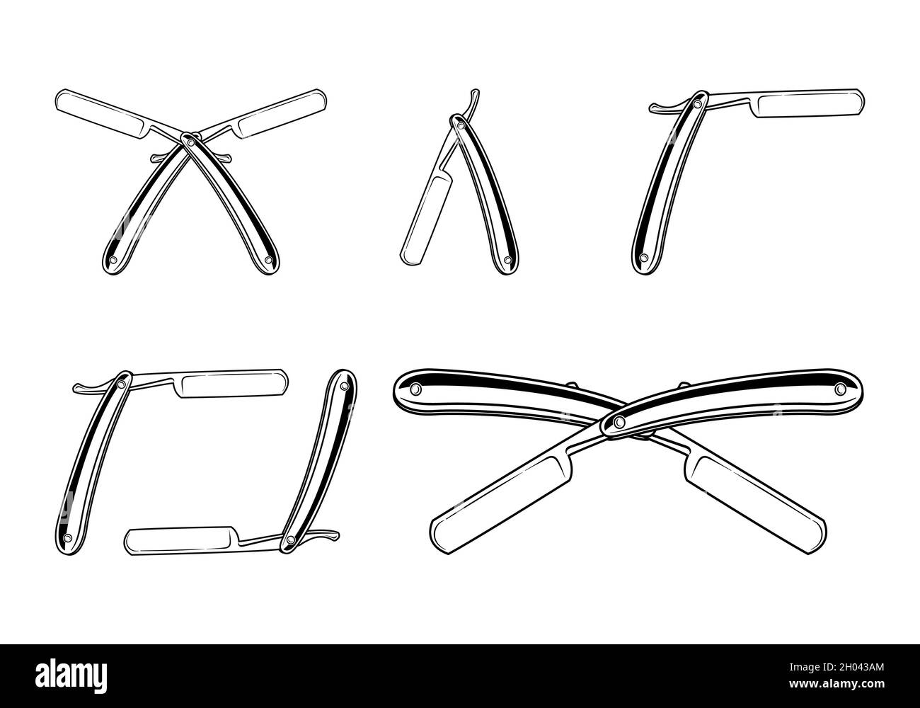 Straight razor set styles vector detailed monochrome illustration