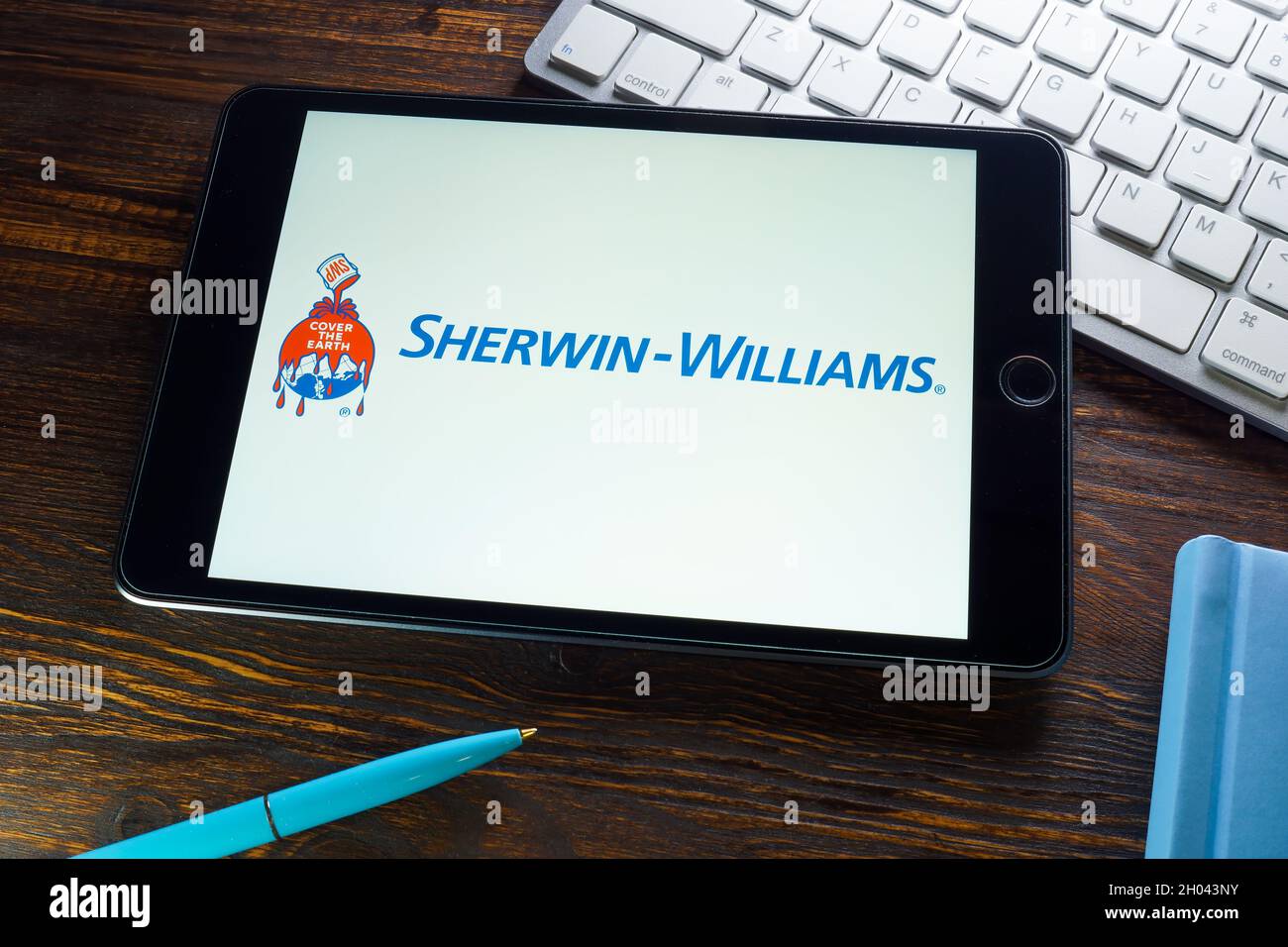 KYIV, UKRAINE - August 21, 2021. Sherwin-Williams brand logo on the tablet. Stock Photo