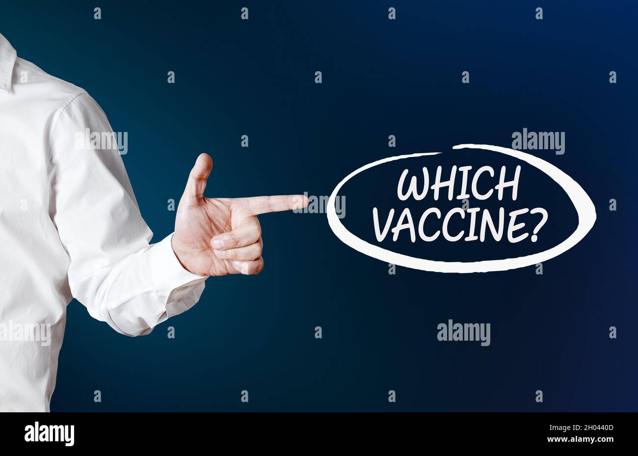 Male hand points to the question of which vaccine with an outline circle on blue background. Choosing coronavirus vaccine alternatives concept. Stock Photo