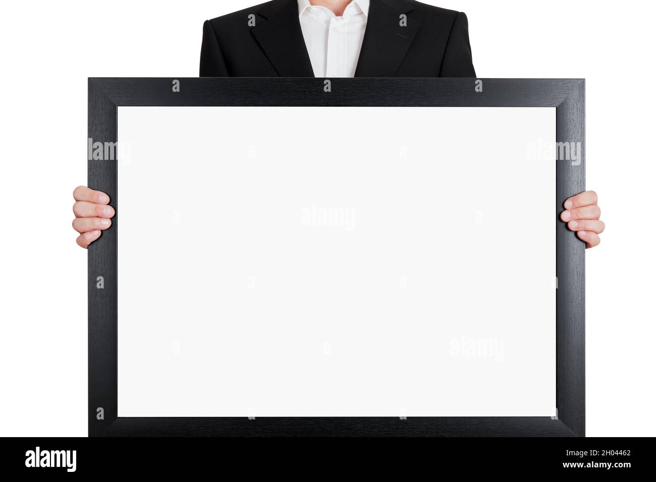Businessman holds a big white blank signboard with copy space on ...