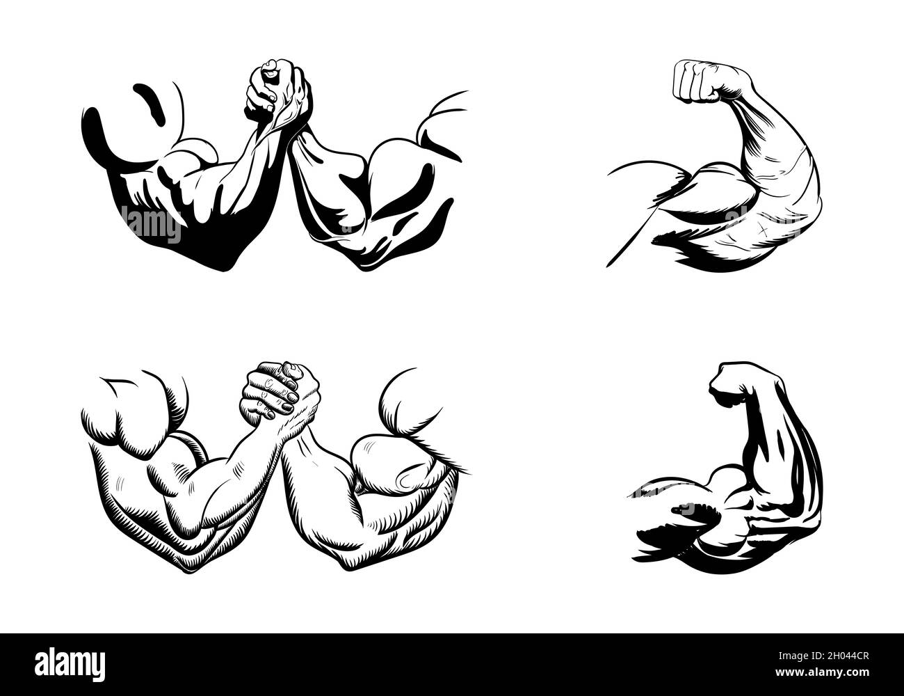Powerful hand muscle. Strong arm muscles, hard biceps and hands strength outline. Muscular logo, healthy bodybuilding bicep badge or gym logotype. Iso Stock Vector