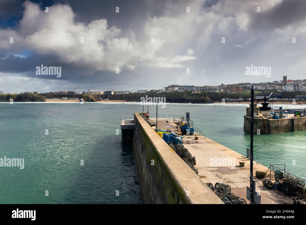 The entrance to the working Newquay Harbour in Newquay in Cornwall. Stock Photo