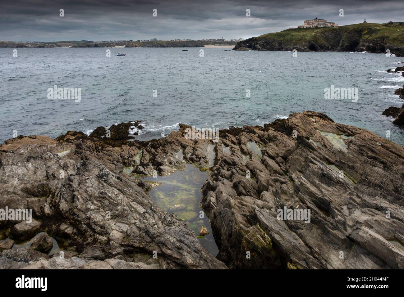 Low cloud over Newquay Bay seen from Towan Head in Newquay in Cornwall. Stock Photo