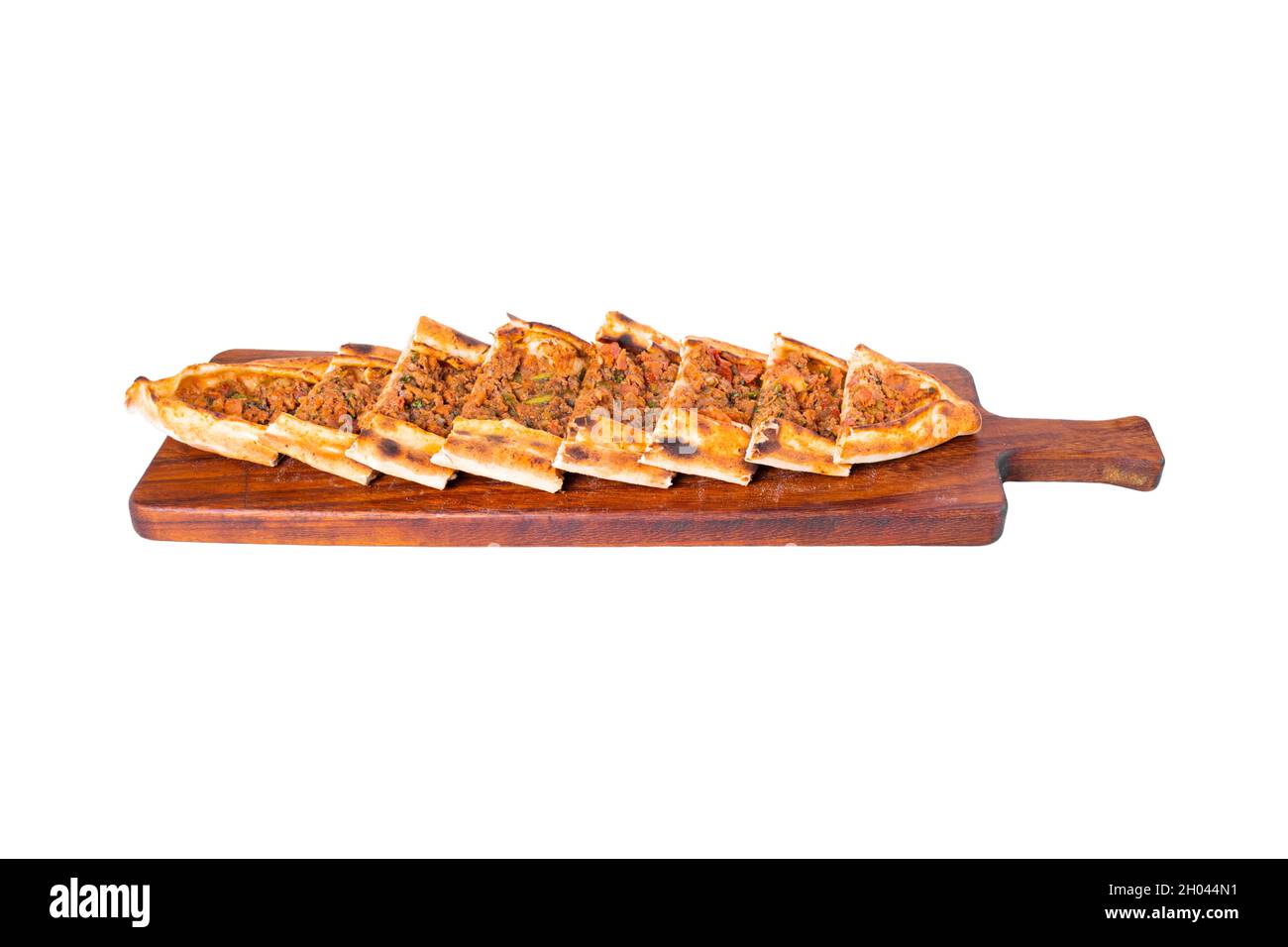 Pide, kiymali pide. Turkish pide with minced meat. Turkish pizza mince pita Pide on white background. pita Stock Photo