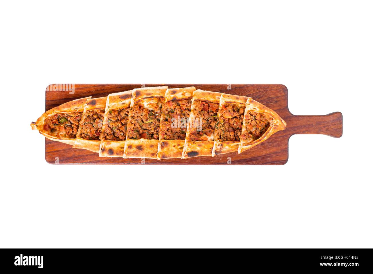 Pide, kiymali pide. Turkish pide with minced meat. Turkish pizza mince pita Pide on white background. pita Stock Photo