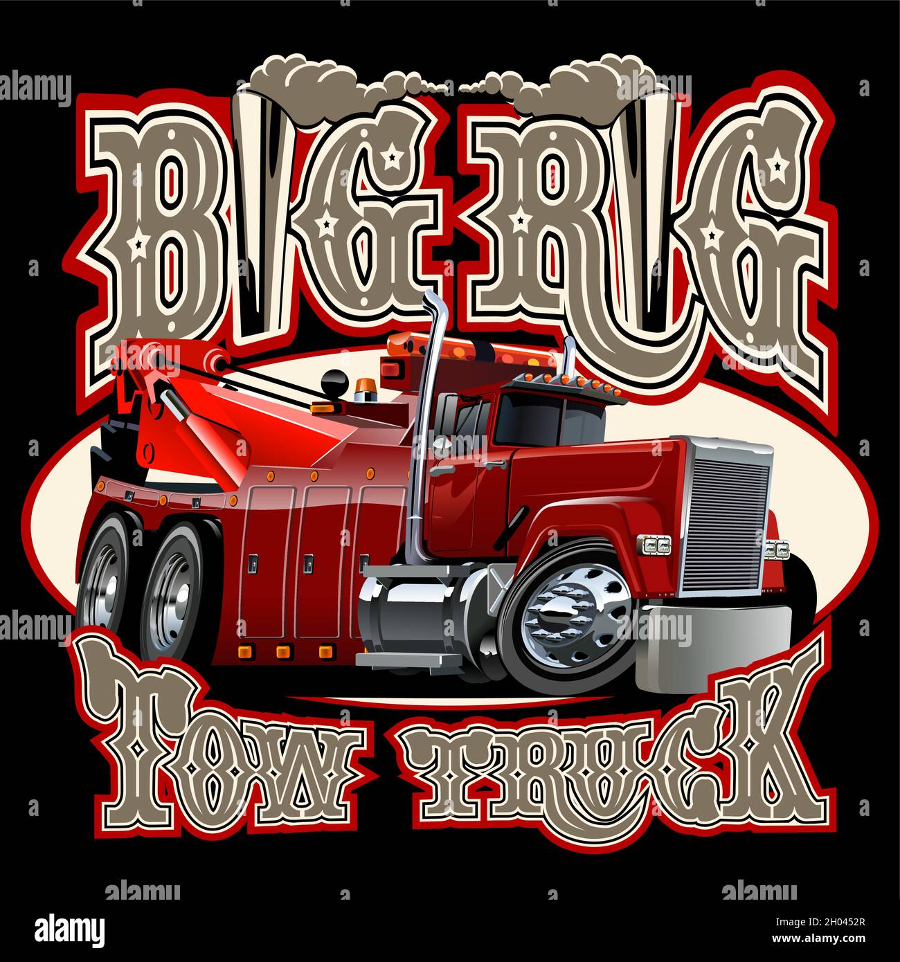 Cartoon big rig tow truck with vintage lettering poster. Available EPS-10 vector format separated by groups and layers for easy edit Stock Vector