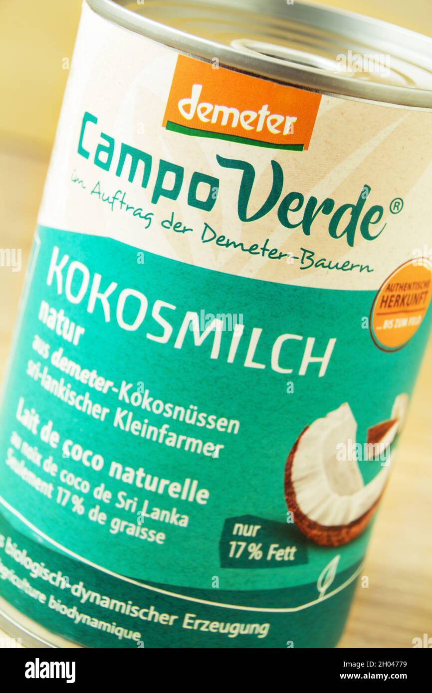 Hamburg, Germany - August 15  2021:  Kokosmilch Campo Verde Demeter Stock Photo