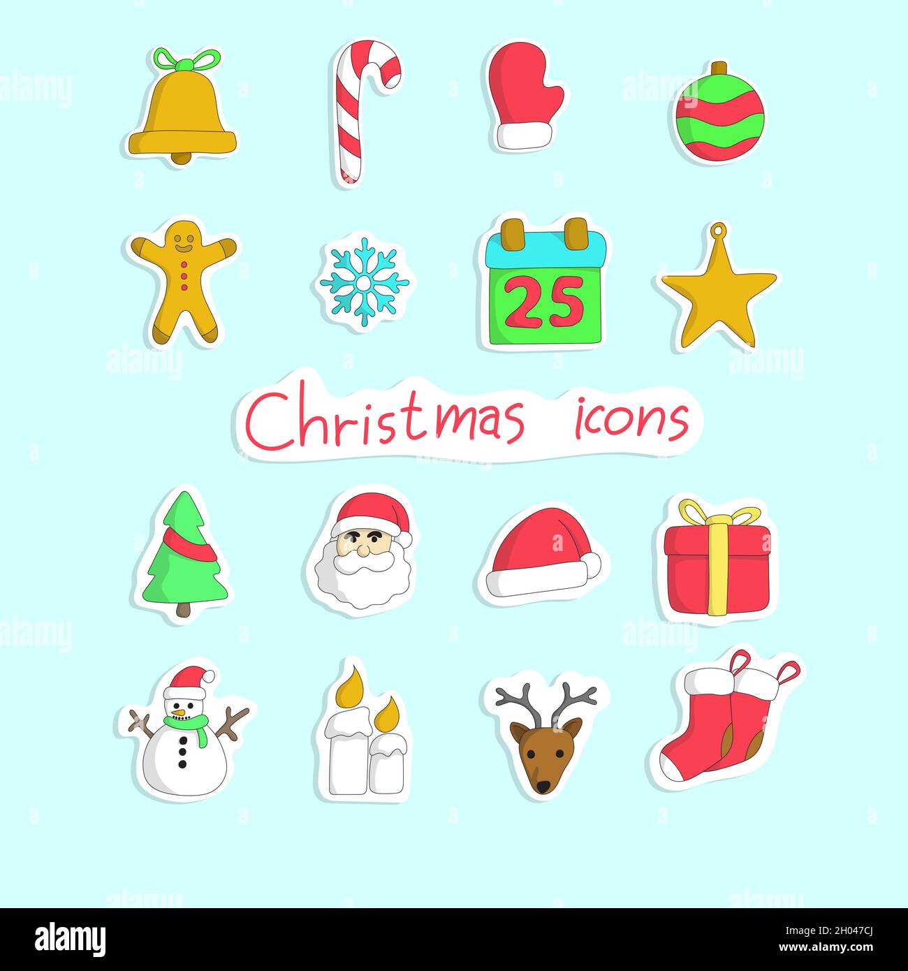 colorful christmas icon set with shadow hand drawn illustration vector isolated on blue background Stock Vector