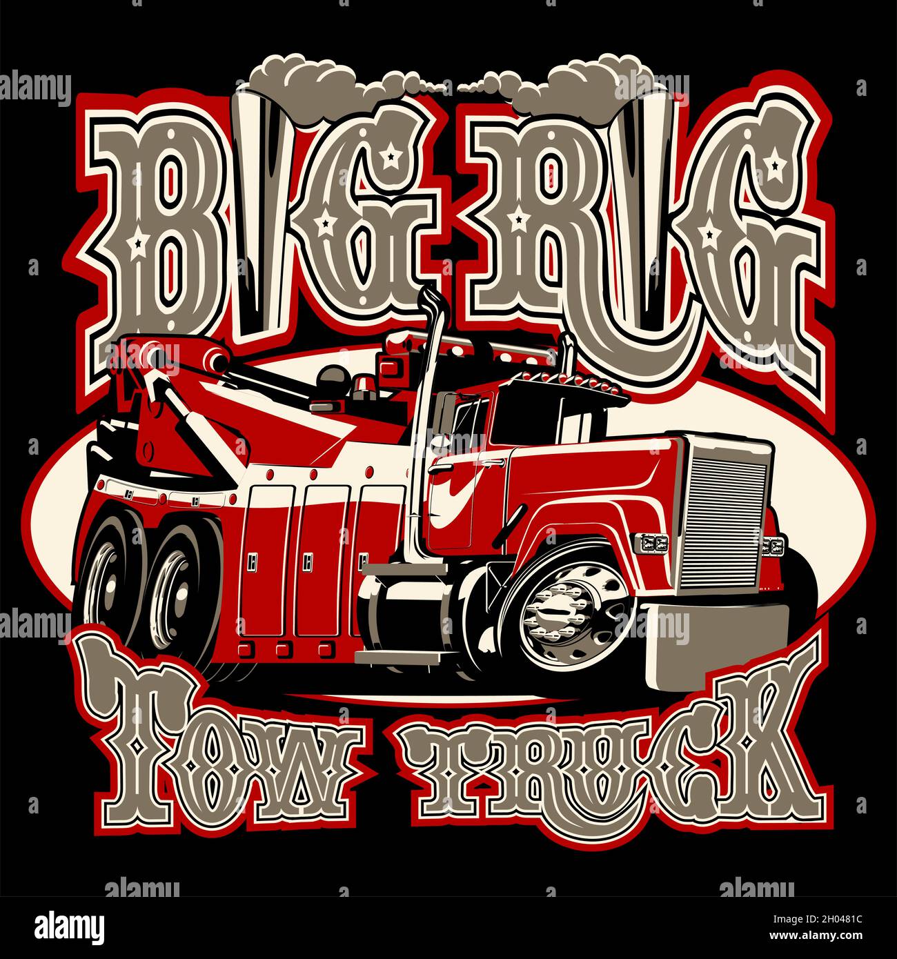Cartoon big rig tow truck with vintage lettering poster. Available EPS-8 vector format separated by groups and layers for easy edit Stock Vector