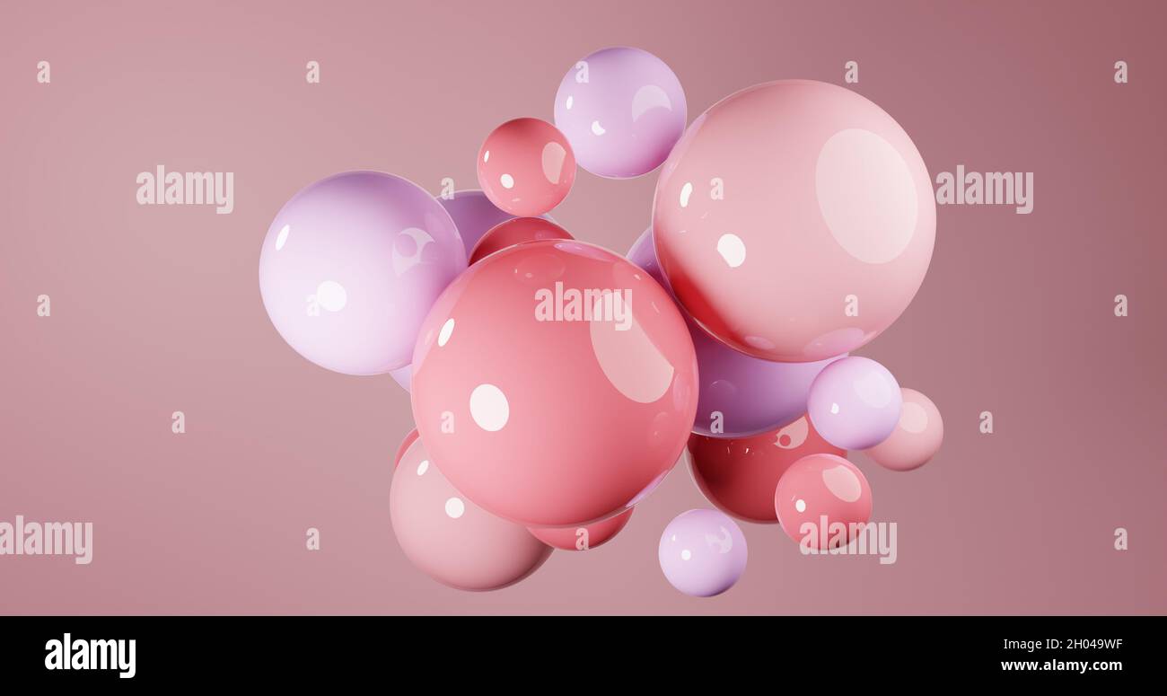 Abstract composition with 3d spheres cluster. Pink glossy realistic ...
