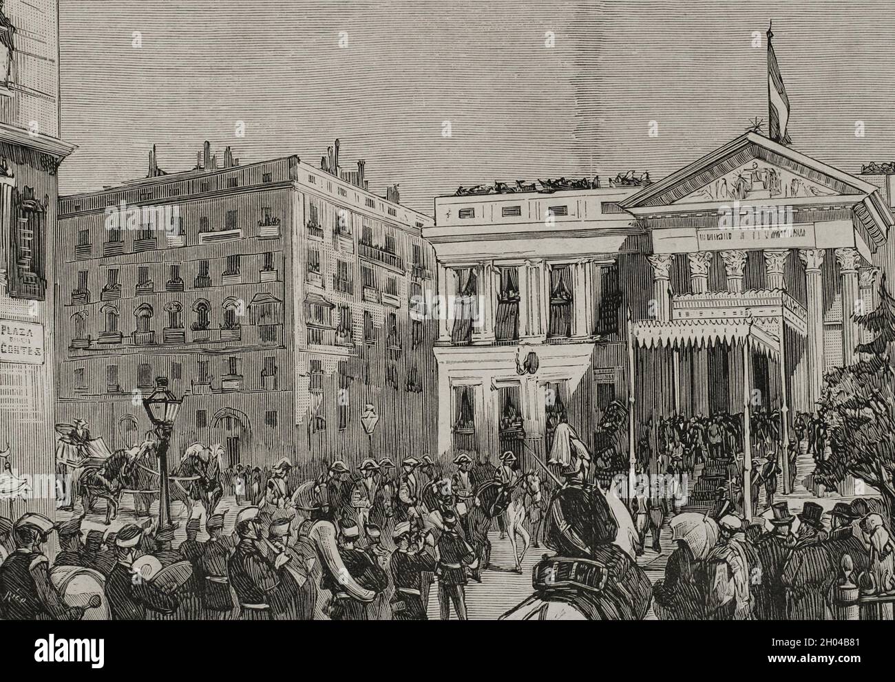 History of Spain. Madrid. Opening of the Spanish Courts on February 15, 1878. Arrival of the King and Queen at the Palace of the Courts. Drawing from life by Ferrant. Engraving. La Ilustración Española y Americana, 1878. Stock Photo