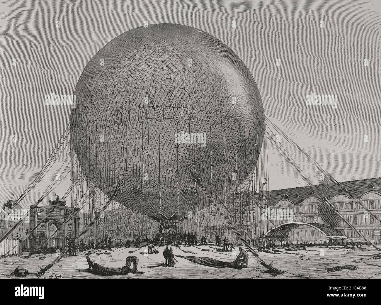 France, Paris. Preparations for the first ascent of the Captive Balloon in the Tuileries Garden, verified on July 18, 1878, during the Paris Universal Exhibition. Engraving by Capuz. La Ilustración Española y Americana, 1878. Stock Photo