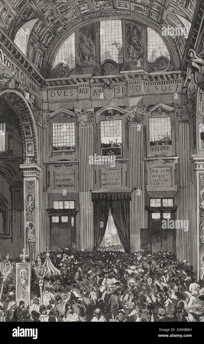 Pope Leo XIII (1810-1903). Italian pope (1878-1903). Born Vincenzo Gioacchino Pecci. Pope Leo XIII giving his first blessing to the faithful from the inner balcony of St. Peter's Basilica on February 20, 1878. Drawing by A. Ferrant. Engraving by Rico. La Ilustración Española y Americana, 1878. Stock Photo