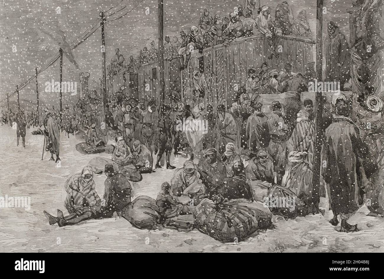 Russo-Turkish War (1877-1878). Arrival to Constantinople by train of inhabitants of Andrinopolis fleeing from the invading Russian army. Engraving by Capuz. La Ilustración Española y Americana, 1878. Stock Photo