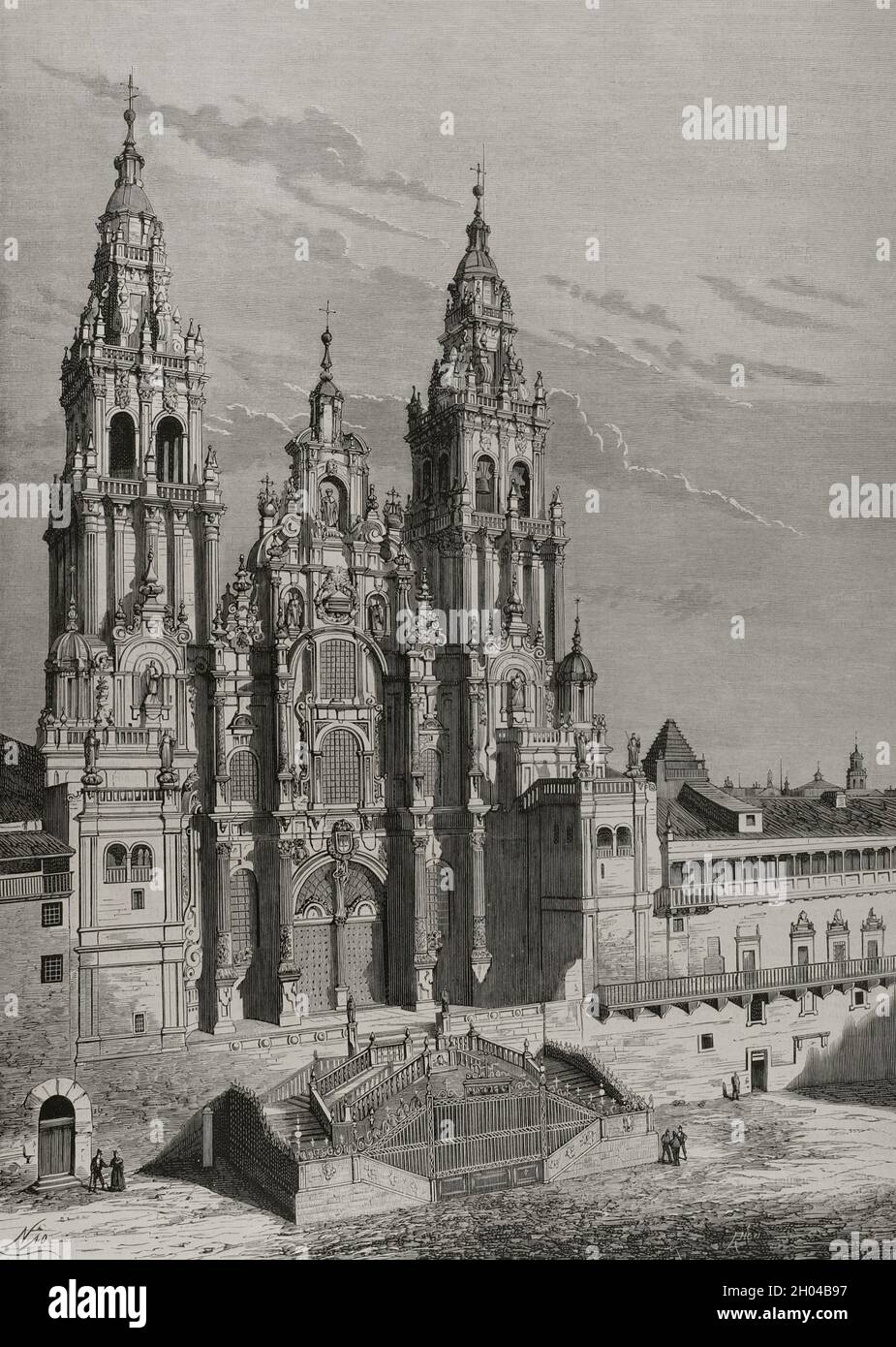 Spain, Galicia. Cathedral of Santiago de Compostela, Main facade or Obradoiro. Illustration by Nao. Engraving by Rico. La Ilustración Española y Americana, 1878. Stock Photo