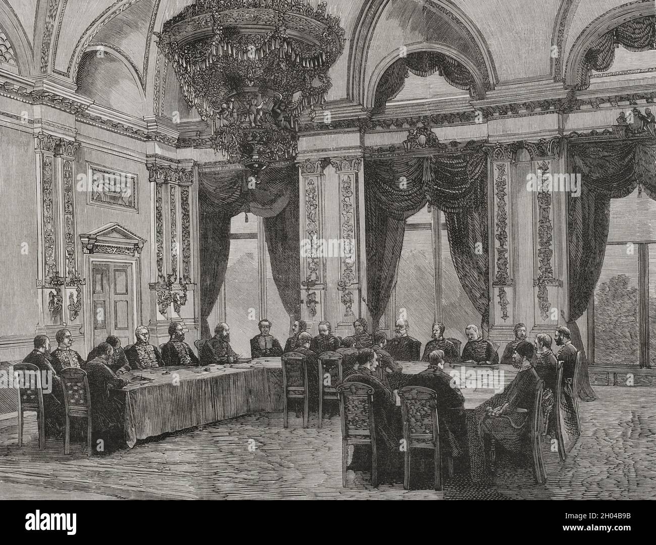 History of Germany. Congress of Berlin, June 13, 1878. It was held at the Radziwill Palace, the new official residence of the Prince of Bismarck (Palace of the Chancellery of the German Empire). The solution of the multiple issues of the Eastern Question was discussed. The European powers of Germany, Austria-Hungary, France, Great Britain, Italy, Russia and the Ottoman Empire participated. First session of the Congress. Engraving by Capuz. La Ilustración Española y Americana, 1878. Stock Photo