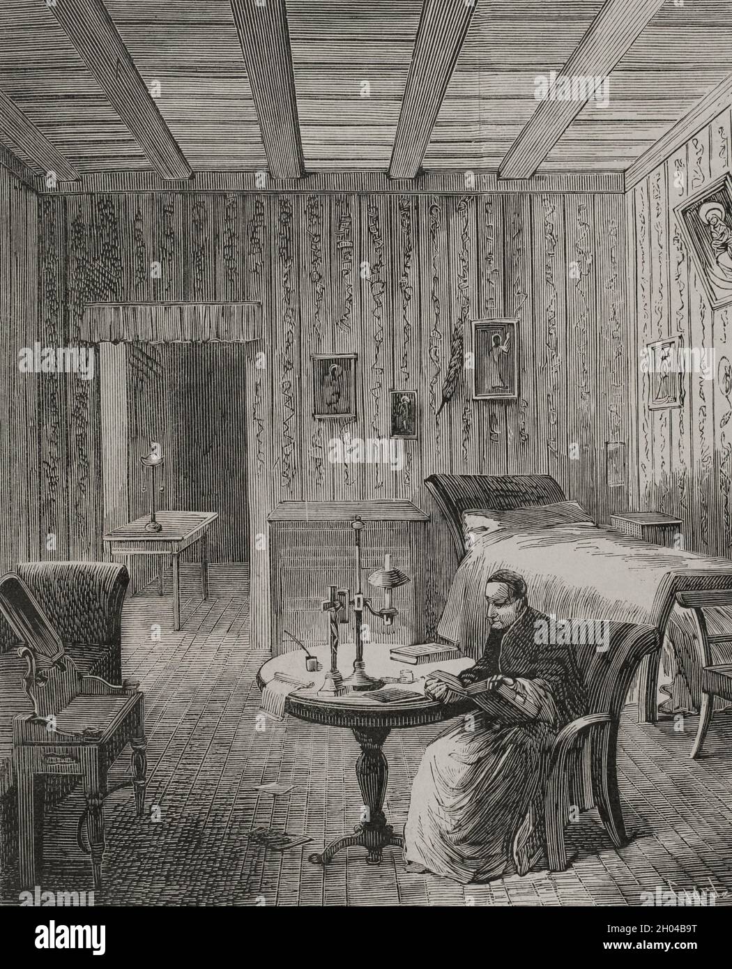 Pope Leo XIII (1810-1903). Italian pope (1878-1903). Born Vincenzo Gioacchino Pecci. Election of Pope Leo XIII. Preliminaries for the celebration of the conclave in the Vatican. Interior of the cell of a conclavist cardinal. Engraving by Capuz. La Ilustración Española y Americana, 1878. Stock Photo
