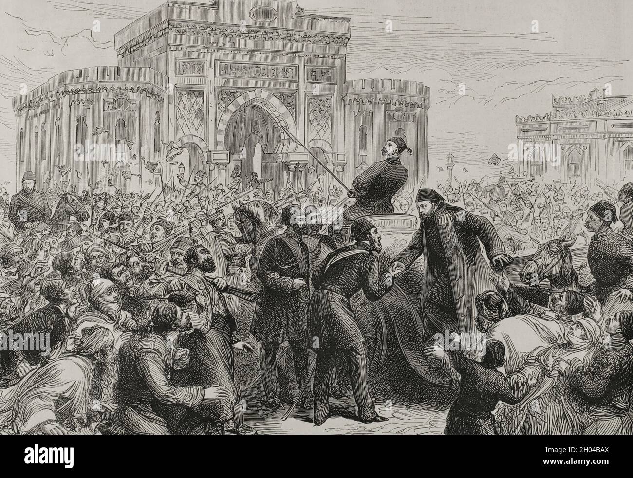 Constantinople. Reception to Osman Nuri Pasha, accompanied by Reouf Pasha, on his entrance to the Ministry of War (Seraskierate), on March 26, 1878, after his meeting with the Sultan Abdülhamid II. Engraving. La Ilustración Española y Americana, 1878. Stock Photo