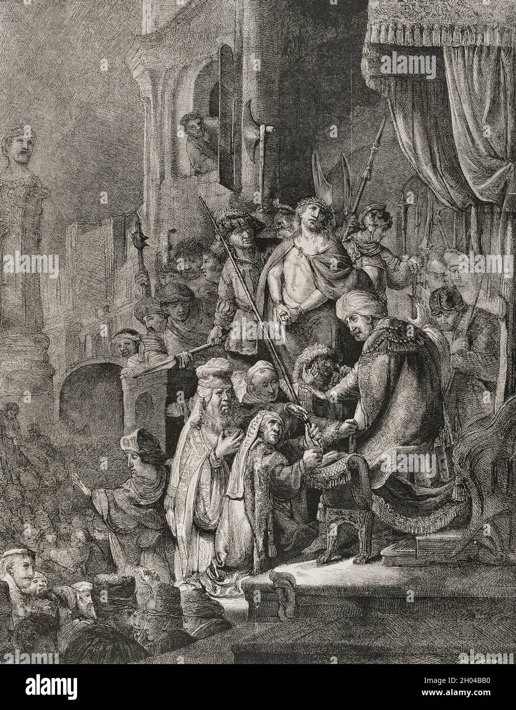 New Testament. Jesus Christ before Pontius Pilate. Facsimile of an etching by P. Rembrandt. La Ilustración Española y Americana, 1878. Stock Photo