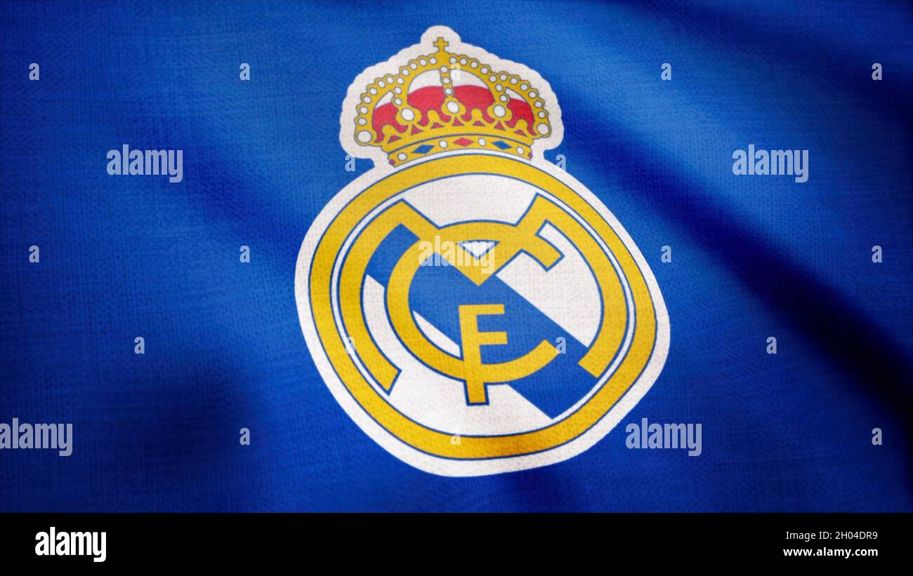 FC Real Madrid flag is waving on transparent background. Closeup of