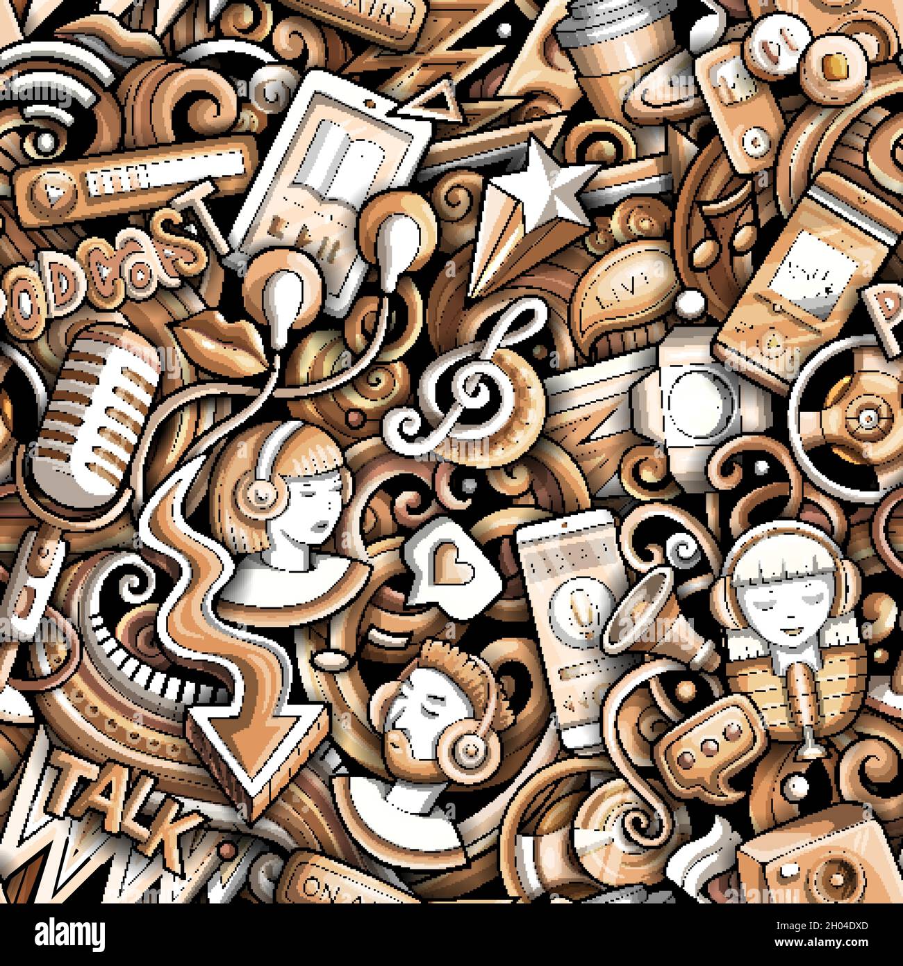 Cartoon doodles Audio content seamless pattern. Stock Vector