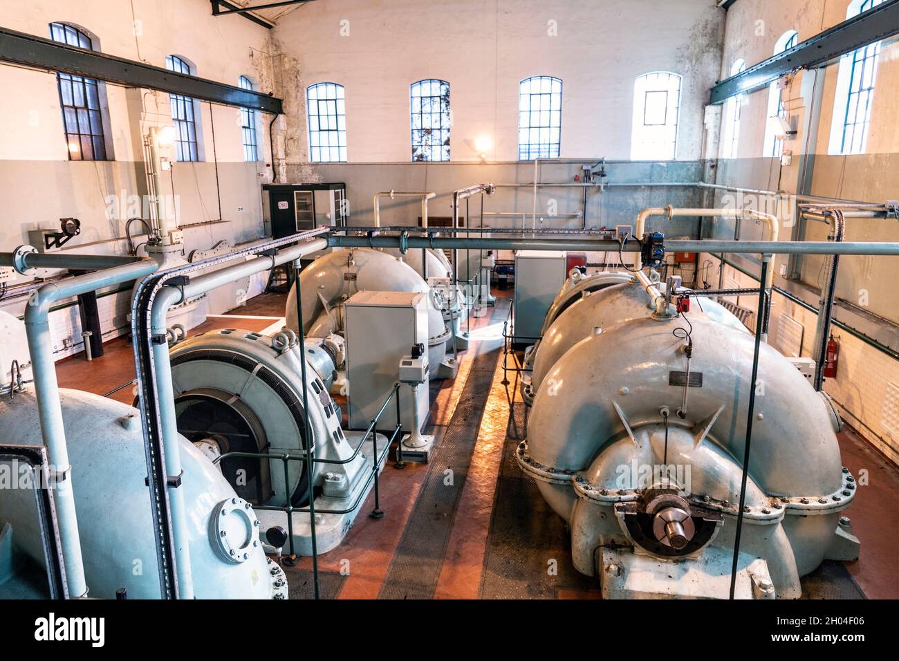 Pumps used to pump water from the river Thames at West India Dock Impounding Station, Canary Wharf, London, UK Stock Photo