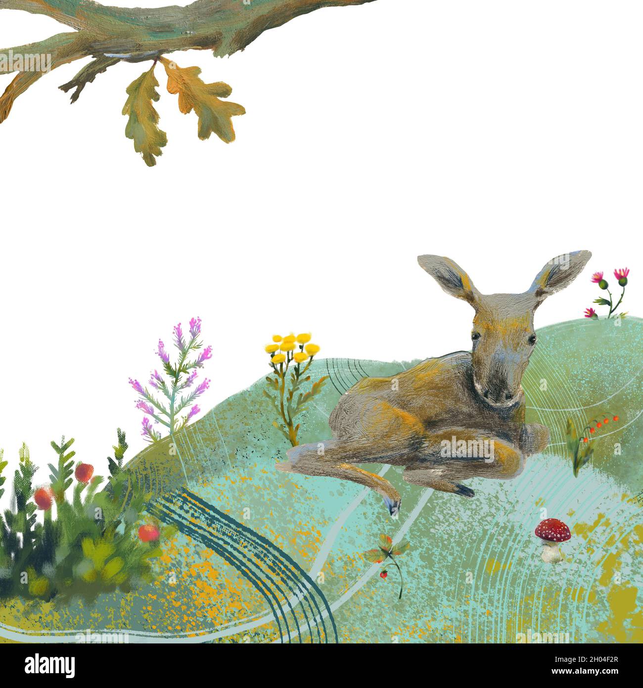 Raster illustration on natural, forest theme. A small elk lies on the ground surrounded by plants and mushrooms. Ready composition for design. Free sp Stock Photo