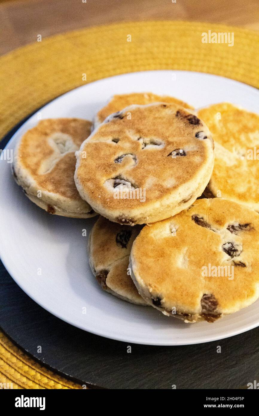 Welsh cakes with raisins on a plate Stock Photo