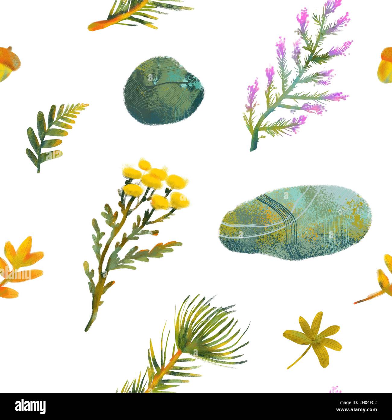 Seamless pattern with elements drawn by hand with plants. Stock Photo