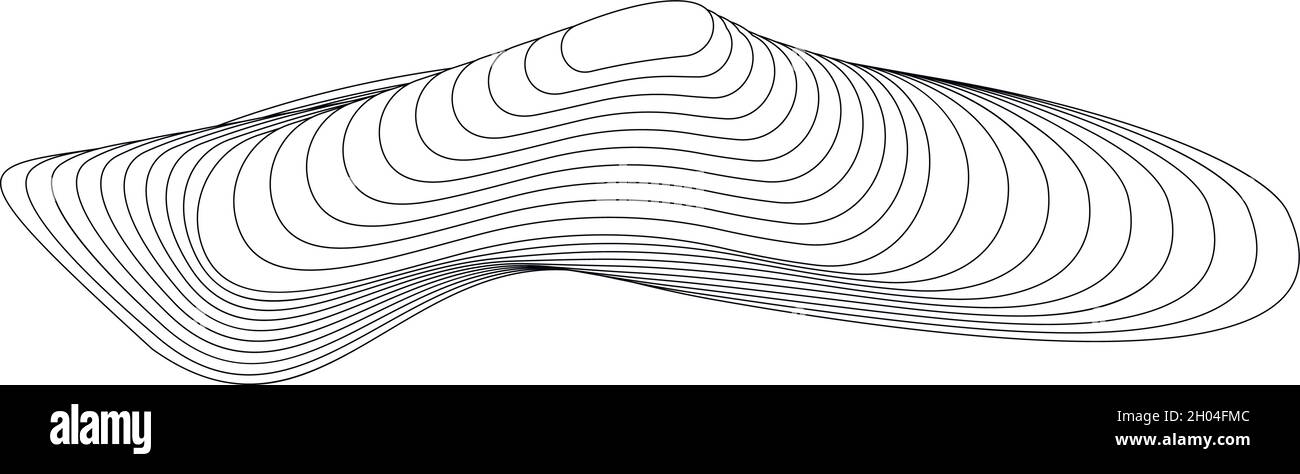 Wavy linear monochrome procedural terrain. Striped digital extraterrestrial landscape. Trendy wireframe cybernetic mountain. Modern illustration. Elem Stock Vector