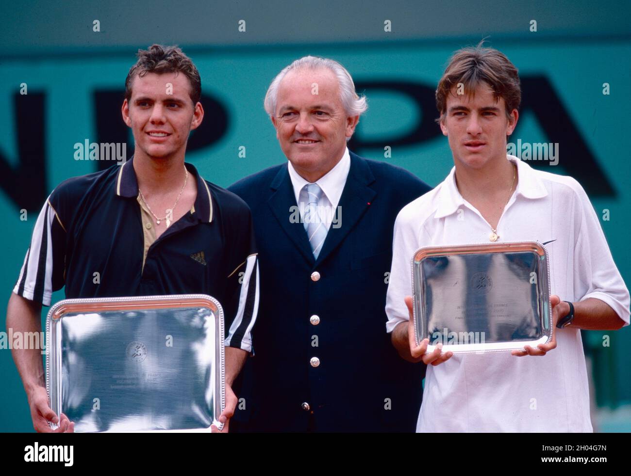 French tennis player Paul-Henri Mathieu and Spanish tennis player Tommy Robredo, Roland Garros, France 2000 Stock Photo