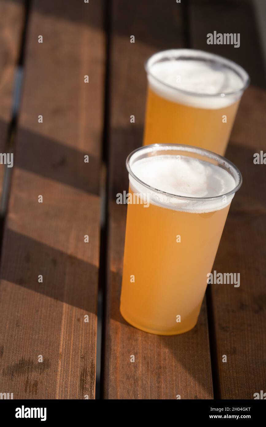 Beer in plastic cups Stock Photo