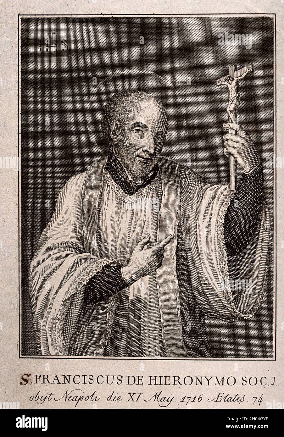 The Blessed (subsequently Saint) Francisco Geronimo y Gravina holding a crucifix. Etching, 1790/1830. - Lettering S. Franciscus de Hieronymo soc. j.; Stock Photo