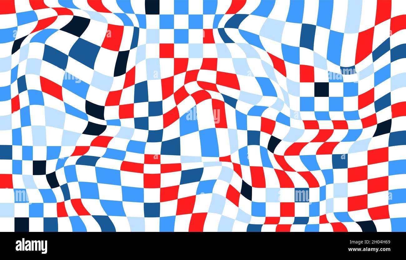Checkered background with distorted squares. Abstract banner with distortion. Chess pattern. Chessboard surface. Stock Vector