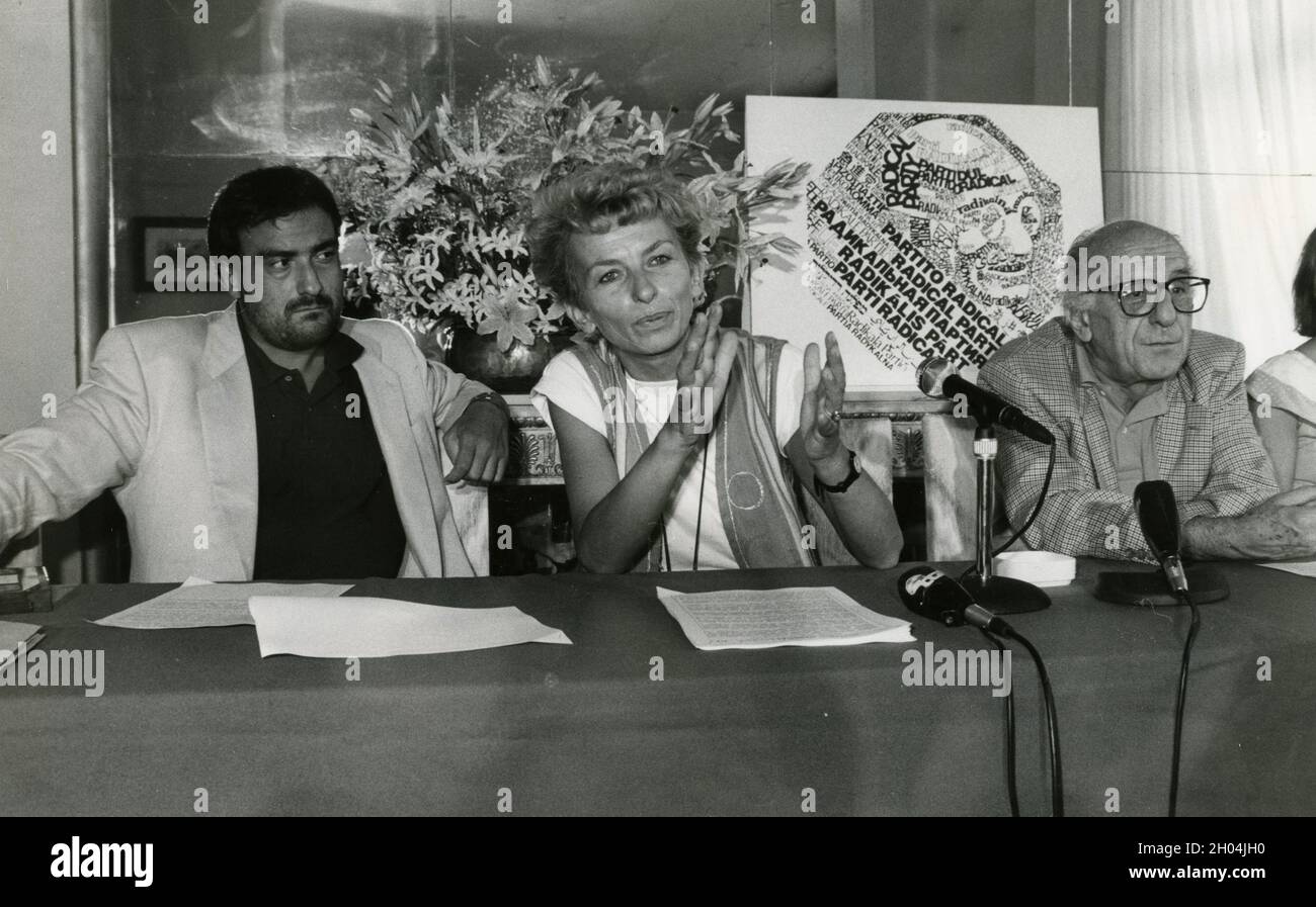 Italian politicians and activists Sergio Stanzani, Emma Bonino, and Carlo Romeo at a Radical Party meeting, 1990s Stock Photo