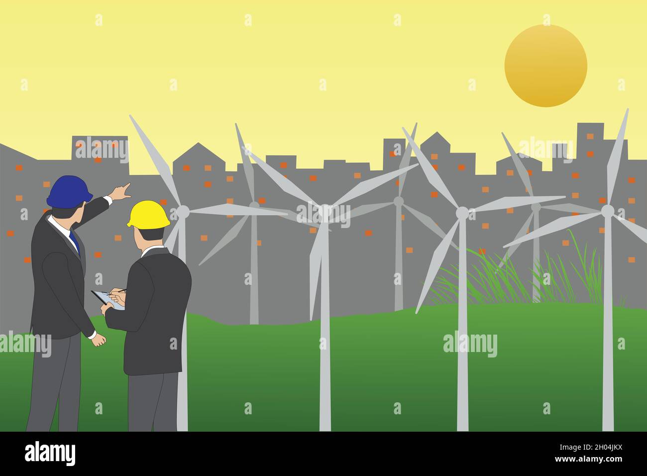 Businessman meeting for wind turbine energy project at wind farm with silhouette of city in background. Vector and illustration design. Stock Vector