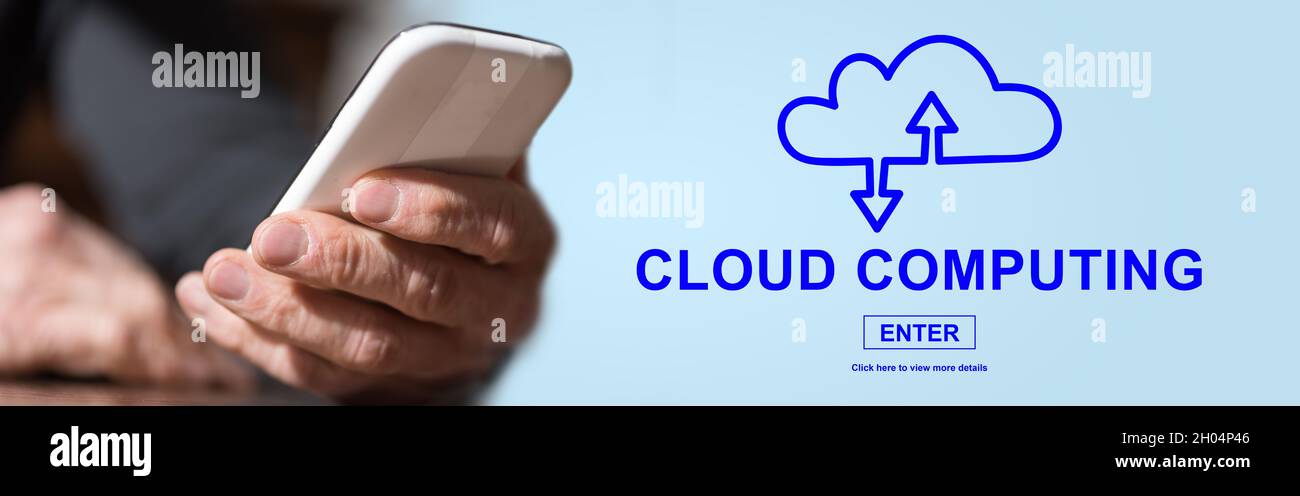 Hand holding mobil phone with cloud computing concept on background ...